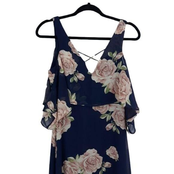 Lulu's Dress The Very Thought Of You 539682 Flounce Shawl Floral Gown Navy Sz S - Picture 5 of 16